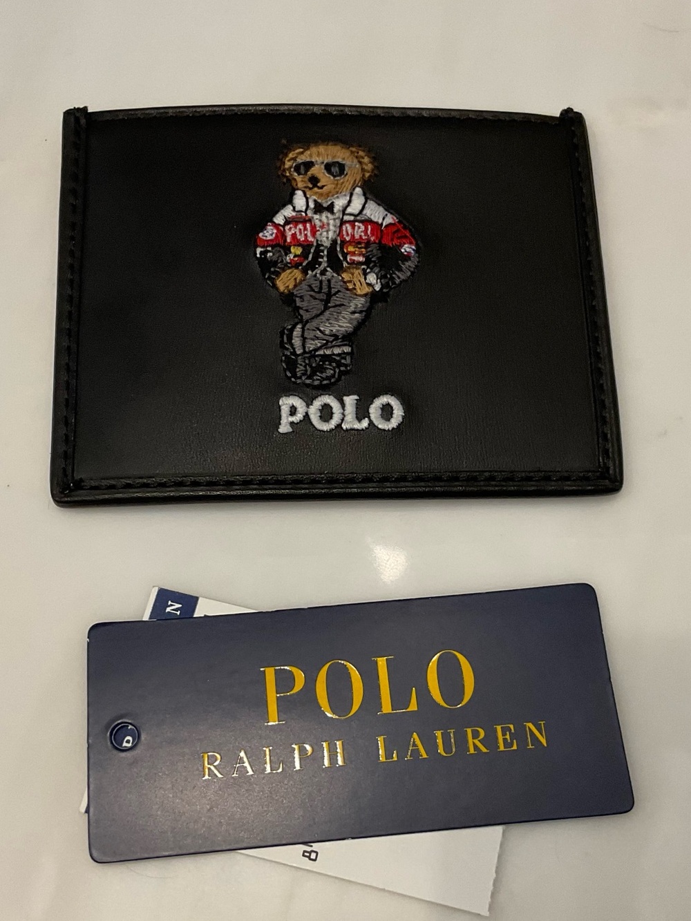 Polo Ralph Lauren TUXEDO RACING JACKET BEAR Leather Slim Card Case Wallet -BLACK